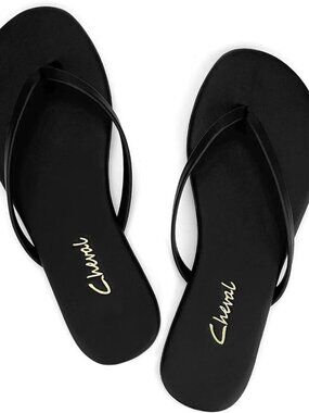 🆕 Black Leather Thong Sandals Women’s Flip Flops Comfy Summer Rubber Dressy